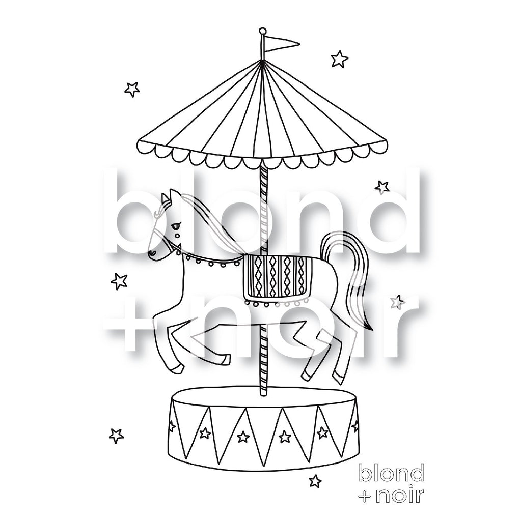 Carousel Horse Colouring Page – Free Kids Printable Blond + Noir 