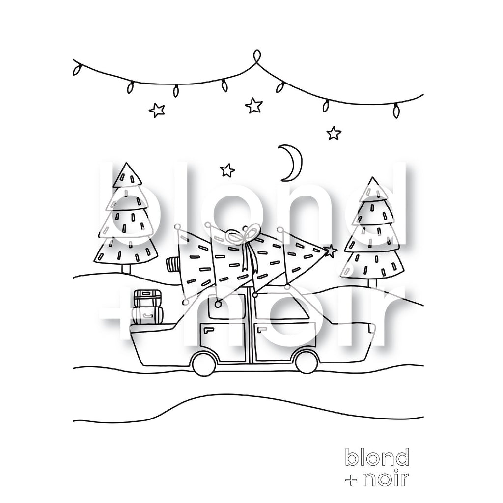 Christmas Tree Shopping Colouring Page – Free Kids Printable Blond + Noir 