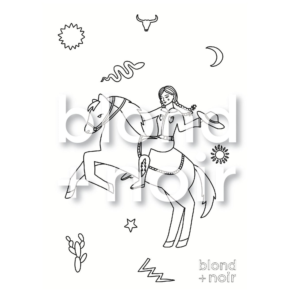Cowgirl Colouring Page – Free Printable for Kids Blond + Noir 