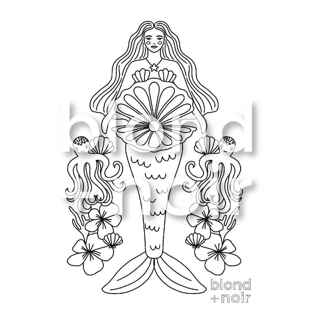 Pearl Mermaid Colouring Page – Free Printable Blond + Noir 