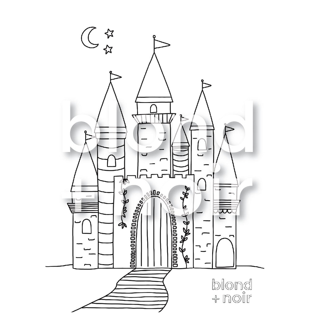 Princess Castle Colouring Page – Free Fairy Tale Printable Blond + Noir 