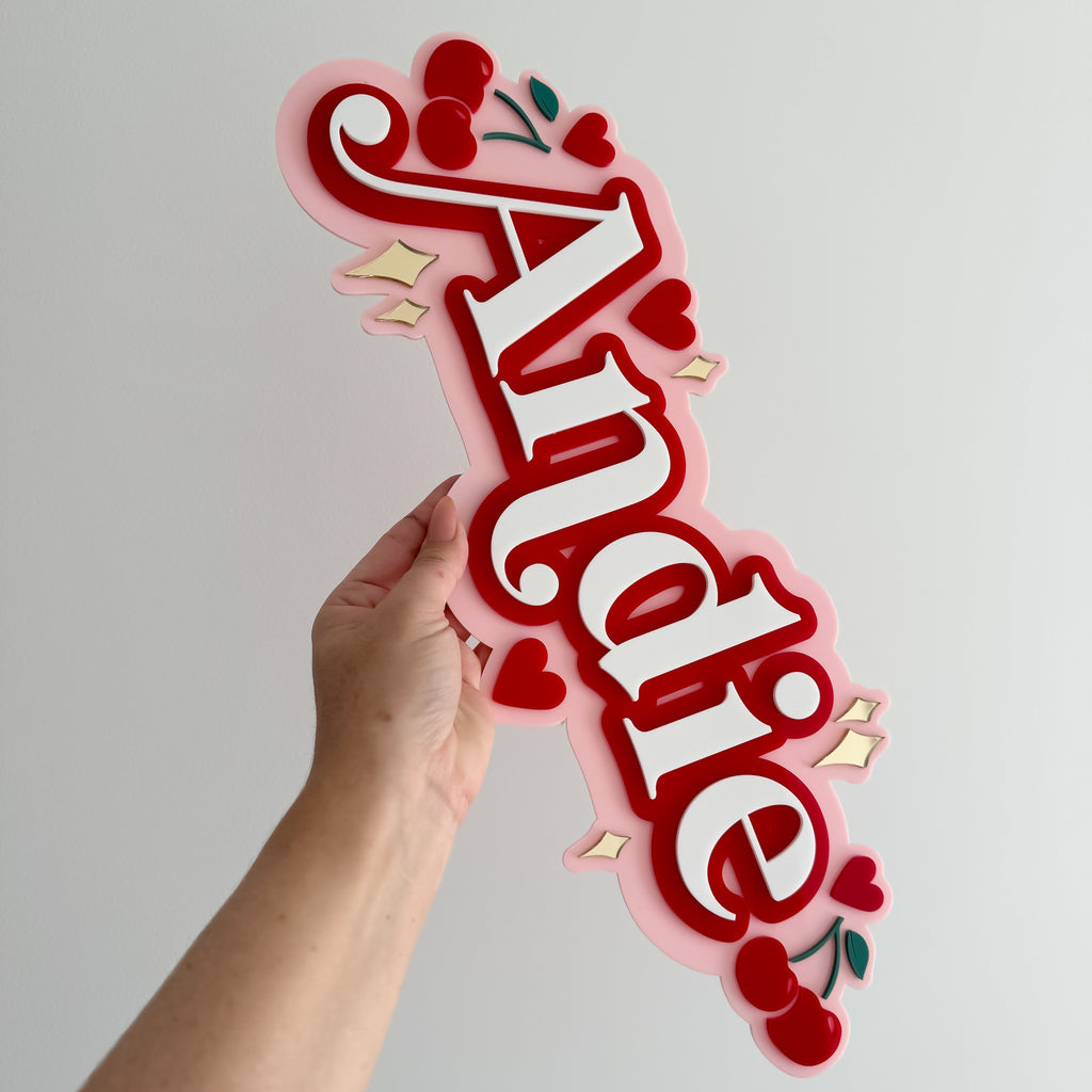 Triple Layer Cherry & Heart Name | Custom Acrylic Name Acrylic Name Letterly Australia 