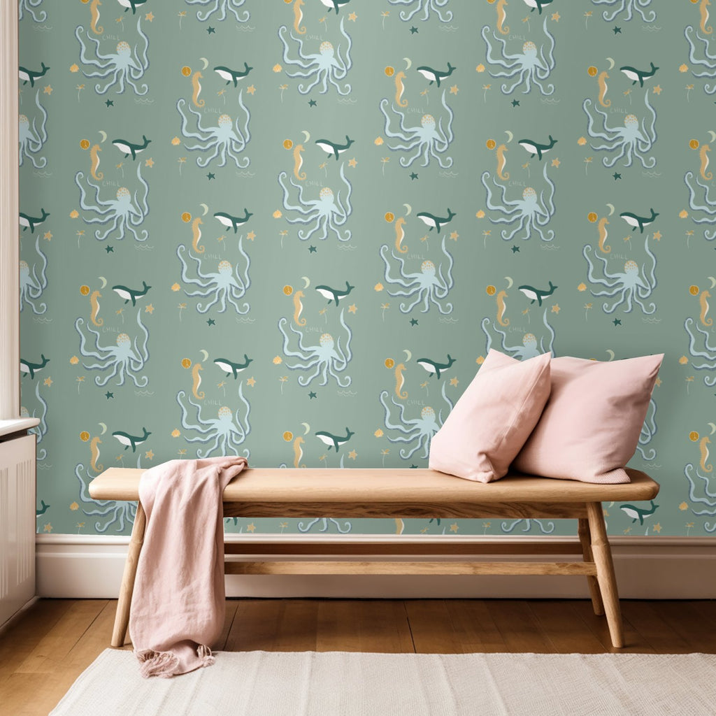 Under the Sea Sage by Little Peach & Pip | Wallpaper Wallpaper Blond + Noir 