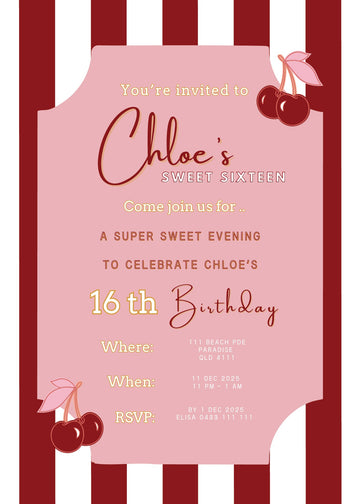 Vintage Cherry Love | Downloadable Party Invitation Kids Party Blond + Noir 