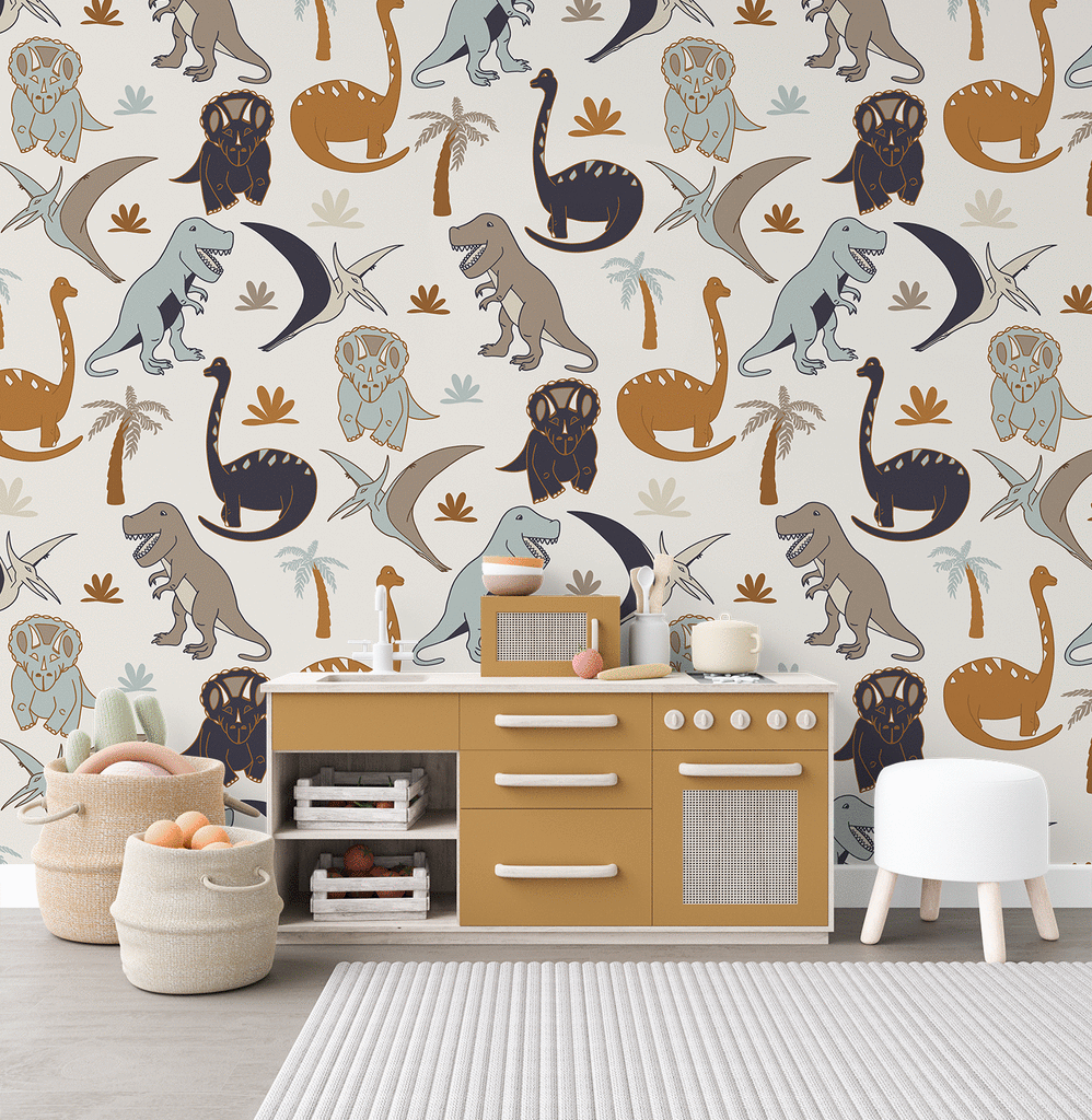 Dinos | The dinosaur wallpaper | Removable PhotoTex Wallpaper | Full & Half Walls Wallpaper Blond + Noir 