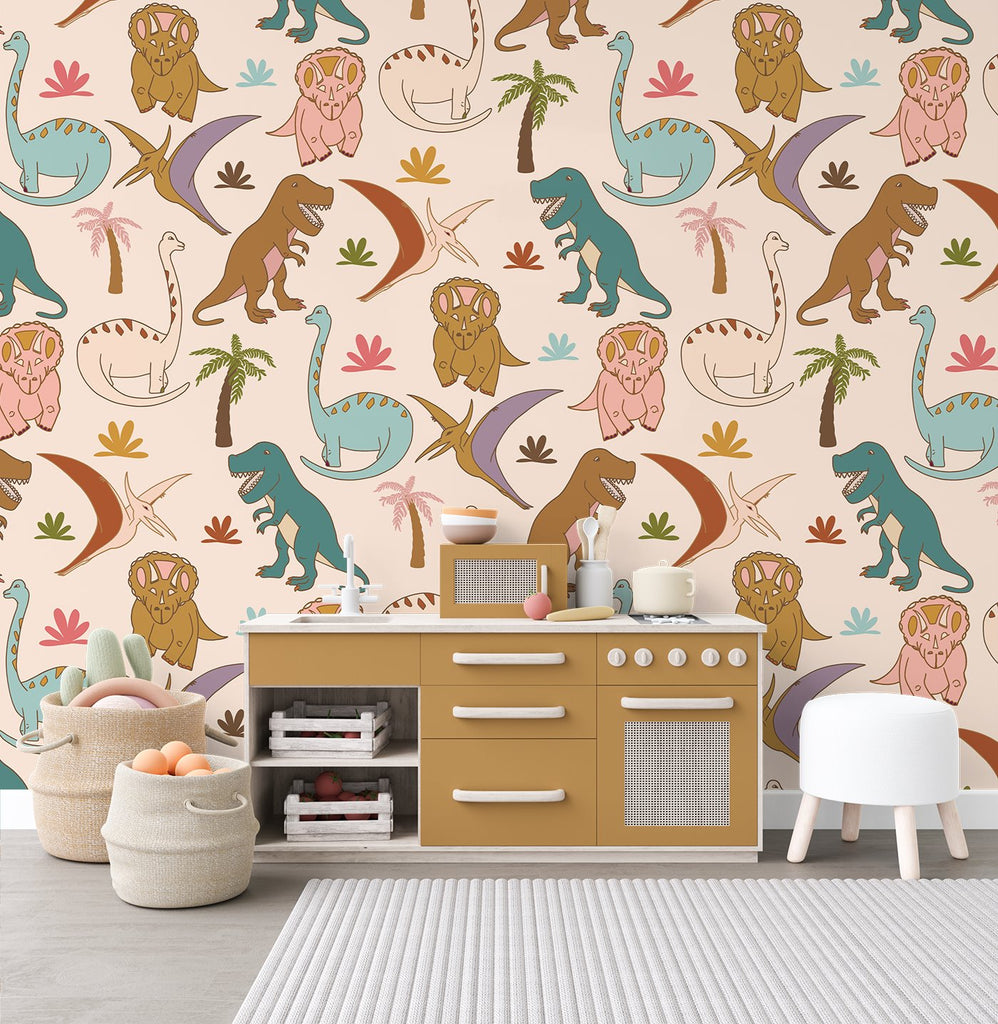 Dinos | The dinosaur wallpaper | Removable PhotoTex Wallpaper | Full & Half Walls Wallpaper Blond + Noir 
