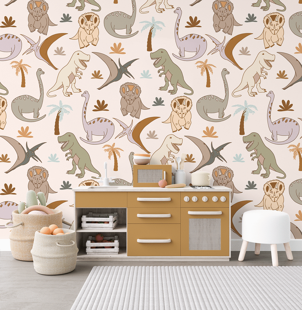 Dinos | The dinosaur wallpaper | Removable PhotoTex Wallpaper | Full & Half Walls Wallpaper Blond + Noir 