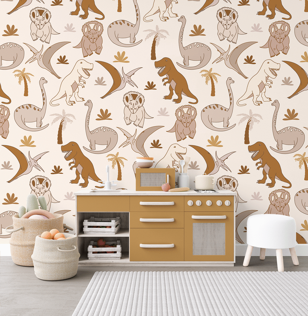 Dinos | The dinosaur wallpaper | Removable PhotoTex Wallpaper | Full & Half Walls Wallpaper Blond + Noir 