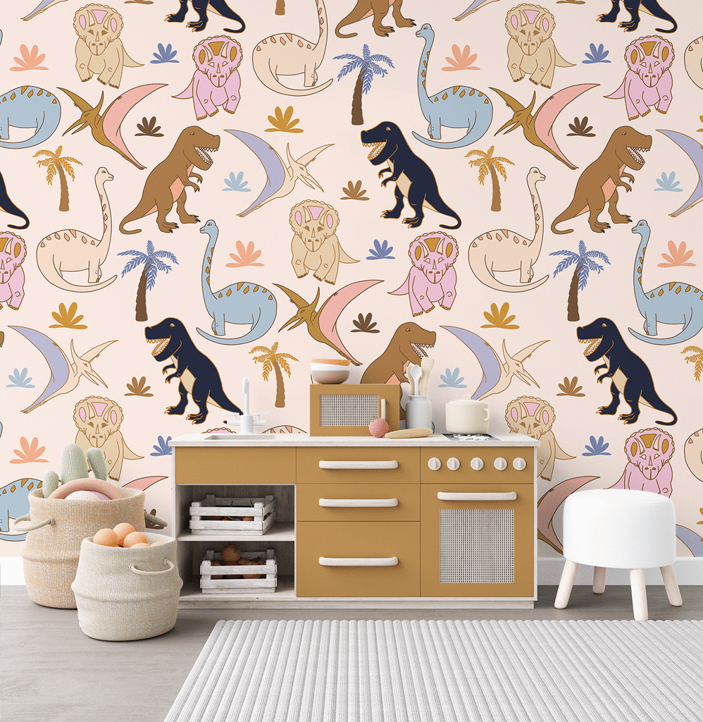 Dinos | The dinosaur wallpaper | Removable PhotoTex Wallpaper | Full & Half Walls Wallpaper Blond + Noir 
