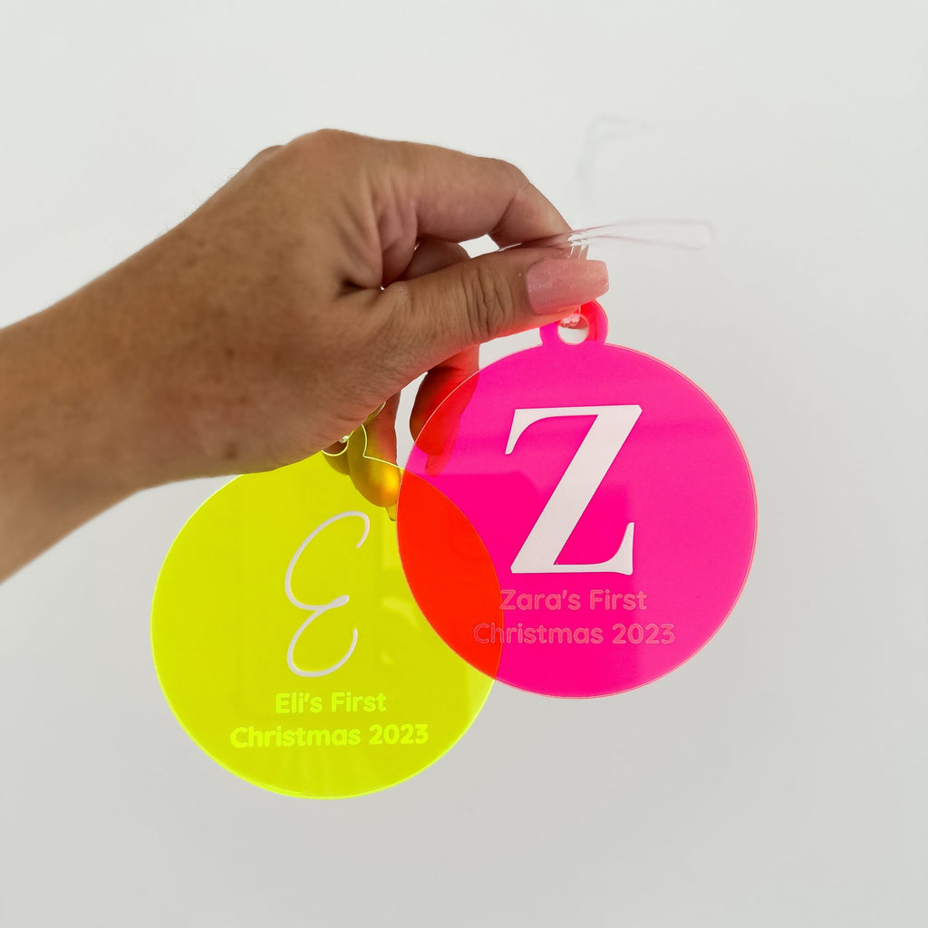 Limited Edition FLURO | Say Something Special Bauble | Custom Christmas Decoration | First Xmas Acrylic Name Letterly Australia 