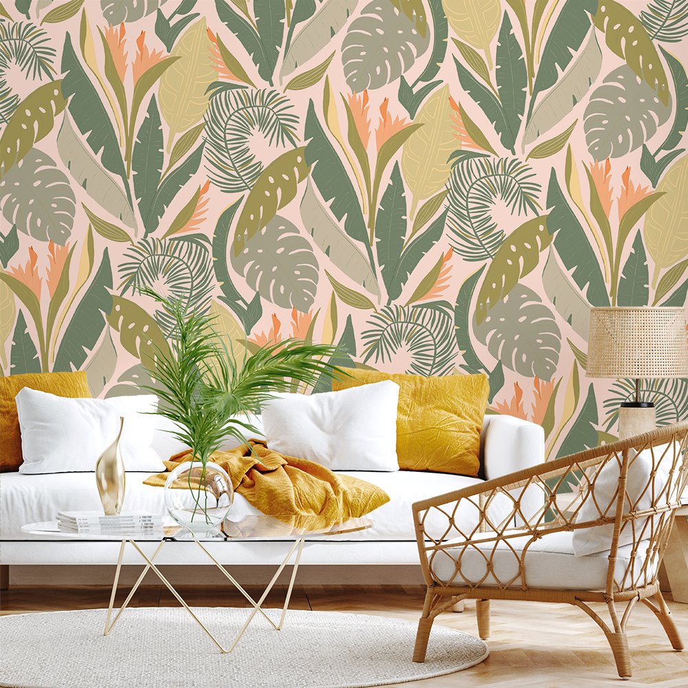 Palm Beach - Orange Flowers | Full & Half Wall Wallpaper Wallpaper Blond + Noir 