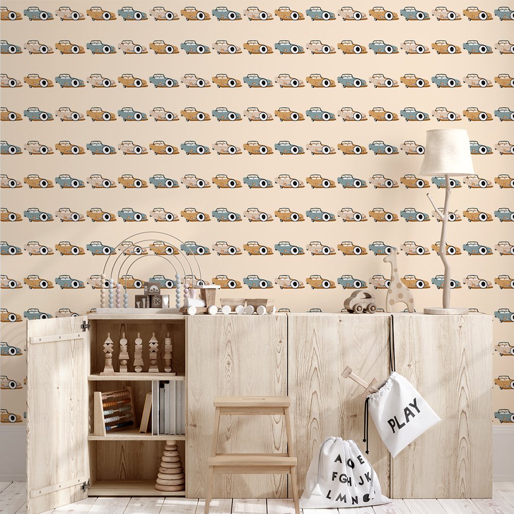 Retro Cars - Sage, Pink or Teal | Full & Half Wall Wallpaper Wallpaper Blond + Noir 