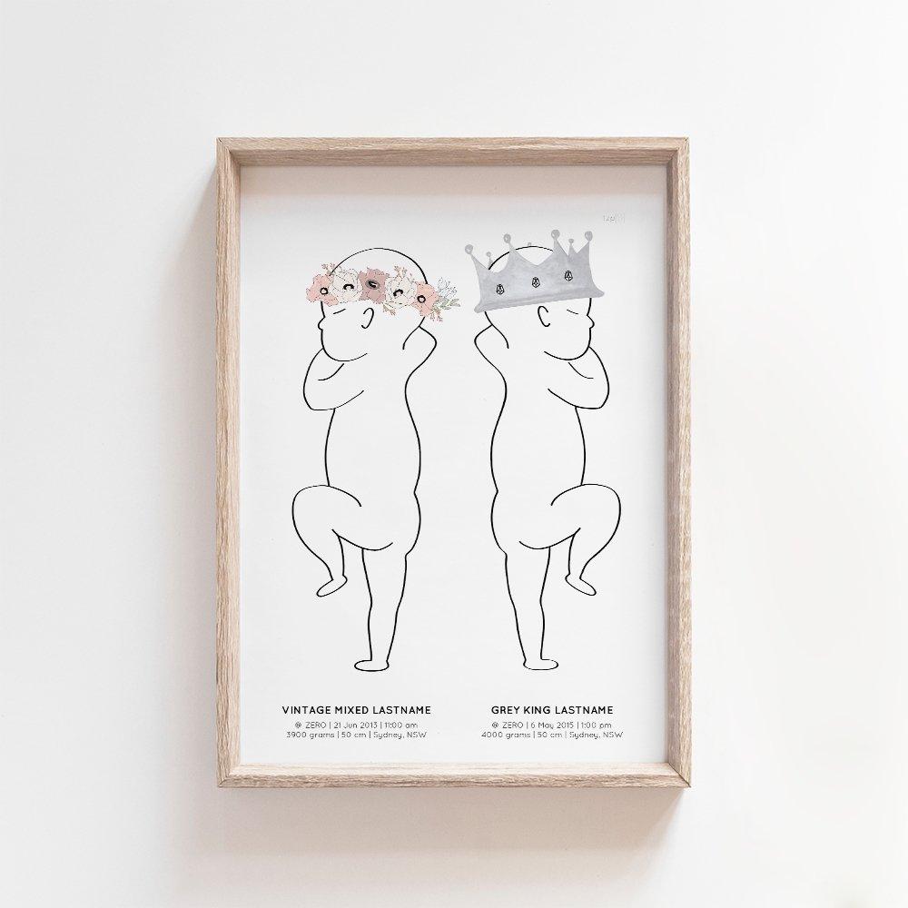Sibling Birth Print | 2 to 5 Siblings Birth Print Blond + Noir 