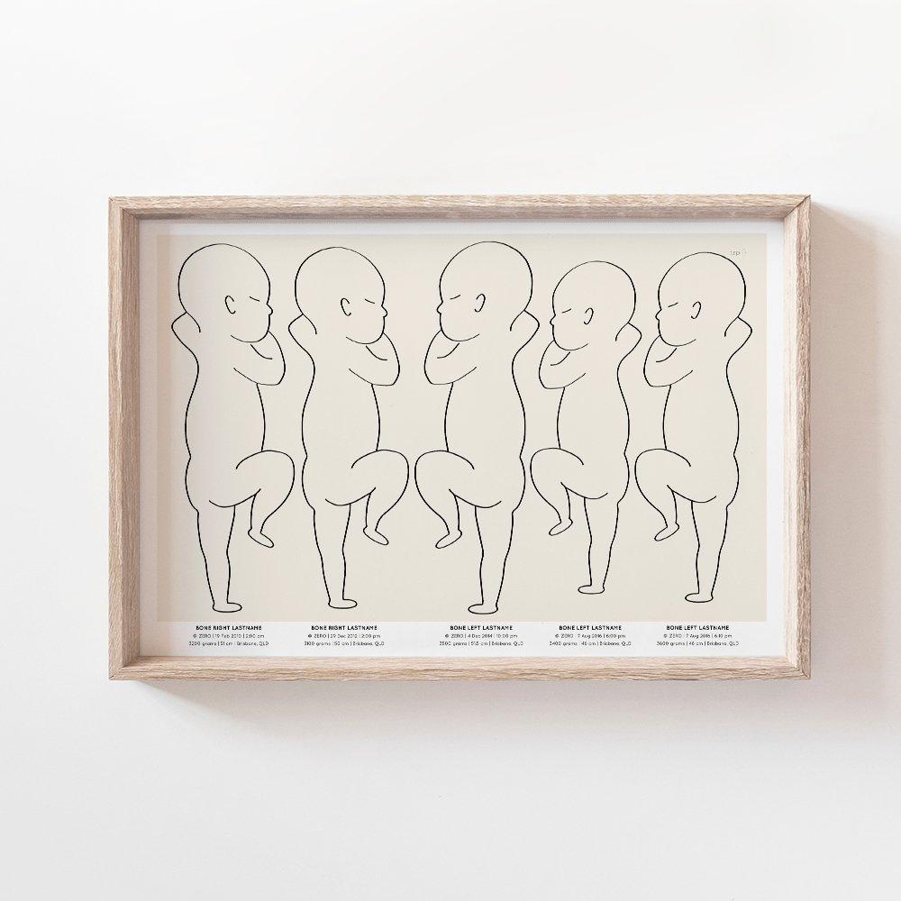 Sibling Birth Print | 2 to 5 Siblings Birth Print Blond + Noir 