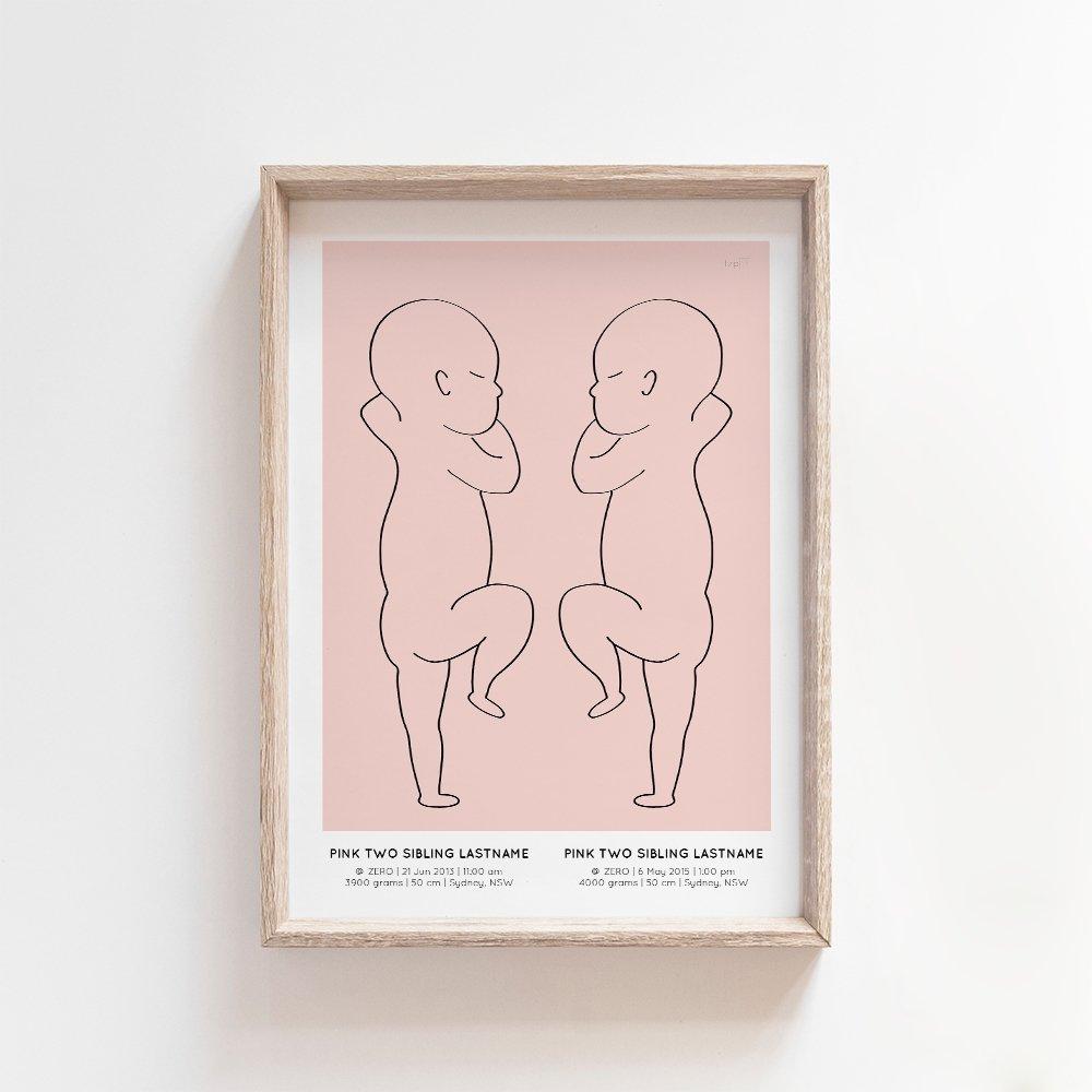 Sibling Birth Print | 2 to 5 Siblings Birth Print Blond + Noir 