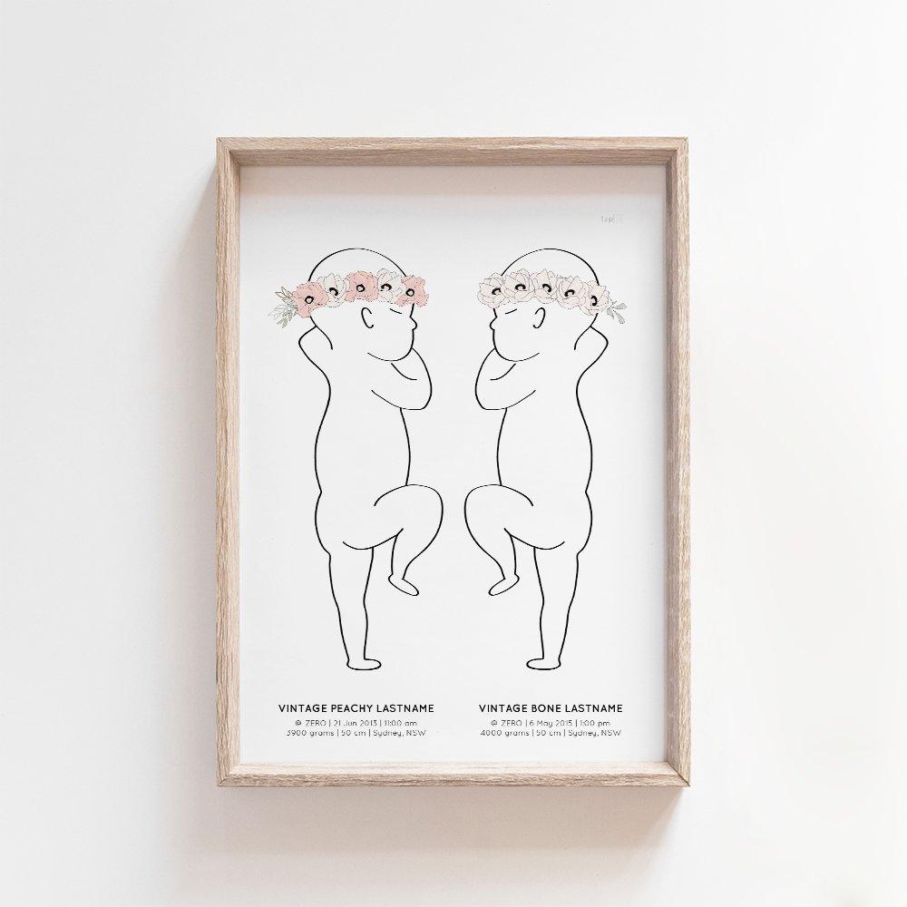 Sibling Birth Print | 2 to 5 Siblings Birth Print Blond + Noir 